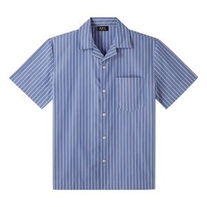 A.P.C. Blue Button-Down Short-Sleeve Shirt with White and Pink Stripes